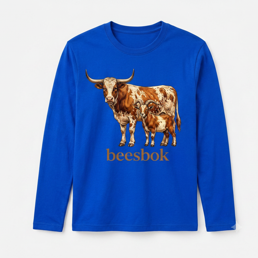 Beesbok logo on blue long-sleeve shirt